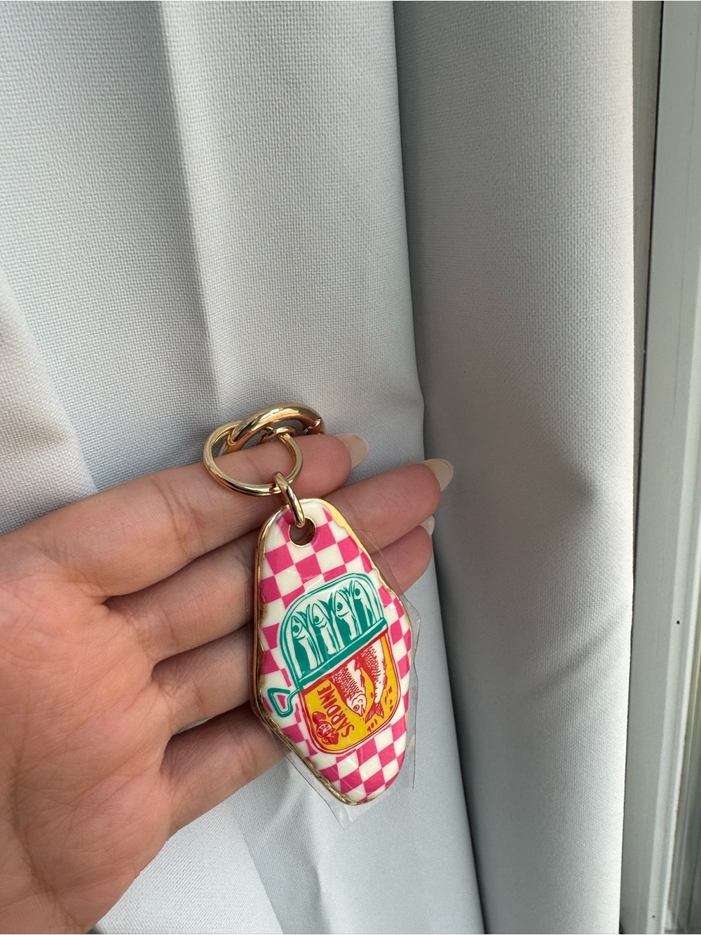 Gold Key Ring with Pink Checkered Sardine Charm